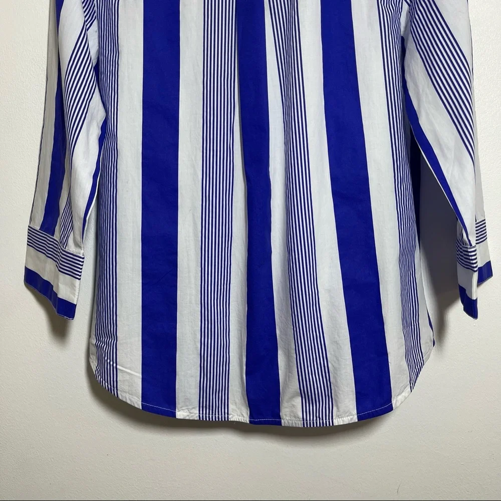 NWT J Crew Striped Tunic Top 3/4 Wide Sleeves Half Button Blue White Sz XS